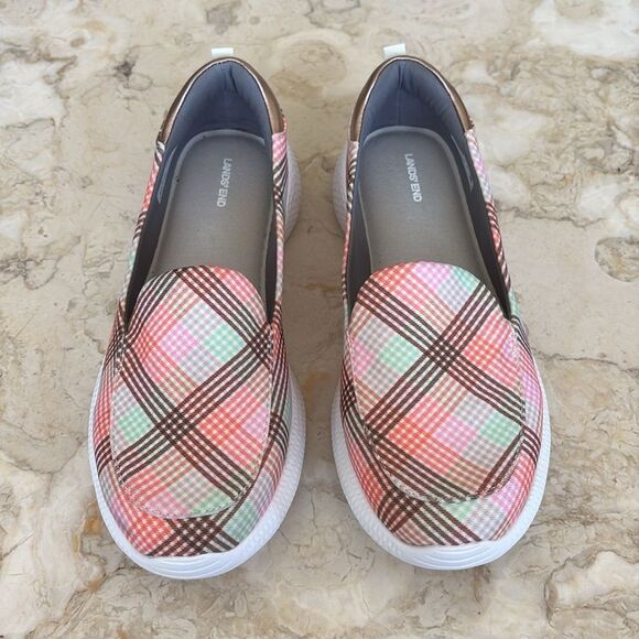 Lands End Womens Gatas Lightweight Comfort Slip On Shoes Pink Plaid Round Toe - Picture 3 of 11
